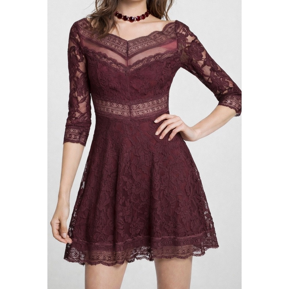 Free People Womens Lace Mini Dress Sheer Long Sleeve‎ Size M Party Fairy Boho